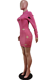 Gray Cotton Blend Sexy Hollow Out Long Sleeve O Collar Bodycon Solid Color Hip Mini Dress WY6834-1