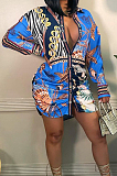 Blue New Women Printing Long Sleeve Lapel Collar Single-Breasted Irregularity Shirt Dress QY5081-1