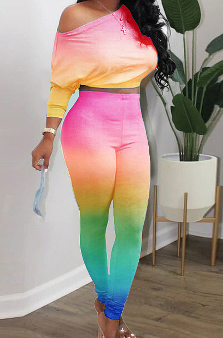 Yellow Red Cotton Blend Gradient Long Sleeve Obique Shoulder Dew Belly High Waist Tight Pants Sport Sets HXY8032-1