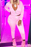 Pink Cotton Blend Long Sleeve Hoodie Zipper Carrot Pants Solid Colur Sports Two-Piece QY5080