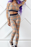 Orange New Women Plaid Printing Long Sleeve U Neck Crop Top High Waist Bodycon Pants Two-Piece TRS1170-1