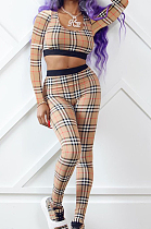 Apricot New Women Plaid Printing Long Sleeve U Neck Crop Top High Waist Bodycon Pants Two-Piece TRS1170-5