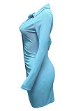 Sky Blue Ribber Single-Breasted Long Sleeve Turn-Down Collar Solid Color Hip Sexy Mini Dress Q931-1