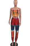 Red New Colorful Tie Dye Printing Condole Belt Crop Top High Waist Wide Leg Pants Two-Piece HMR6033 