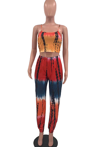 Red New Colorful Tie Dye Printing Condole Belt Crop Top High Waist Wide Leg Pants Two-Piece HMR6033 