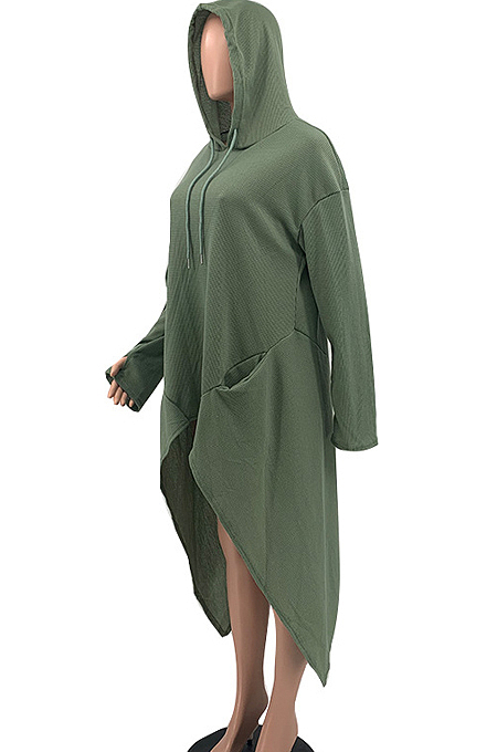 Army Green Cotton Blend Casual Long Sleeve Hoodie Loose Solid Color Irregularity T-Shirt Dress QSS51032