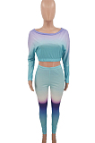 Pink Red Green Cotton Blend Gradient Long Sleeve Obique Shoulder Dew Belly High Waist Tight Pants Sport Sets HXY8032-5