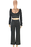 Red Fashion Cotton Blend Low-Cut Long Sleeve Ruffle Dew Waist Blouse High Waist Shift Pants Two-Piece SM9199-1