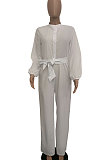 Green Euramerican Women Sexy Pure Color Long Sleeve Tied Casual jumpsuits LD8602-2