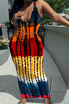 Multicolor Orange Women Sexy Tank U Neck Tie Dye Printing Skirts Sets Q923-1