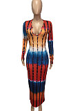 Khaki Pink Women Tie Dye Ribber Positioning Printing Bodycon Long Sleeve Sexy Long Dress Q922-4