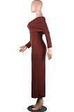Brown Sexy Knitting Long Sleeve A Word Shoulder Slim Fitting Solid Color Bodycon Dress SY8823