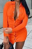 Black Ribber Single-Breasted Long Sleeve Turn-Down Collar Solid Color Hip Sexy Mini Dress Q931-3