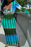 Multicolor Purple Women Tie Dye Ribber Positioning Printing Bodycon Long Sleeve Sexy Long Dress Q922-2
