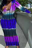 Multicolor Blue Women Tie Dye Ribber Positioning Printing Bodycon Long Sleeve Sexy Long Dress Q922-3