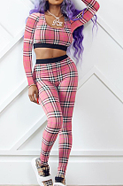 Pink New Women Plaid Printing Long Sleeve U Neck Crop Top High Waist Bodycon Pants Two-Piece TRS1170-3