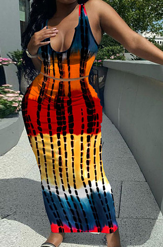 Blue Orang Wave Women Sexy Tank U Neck Tie Dye Printing Skirts Sets Q923-2