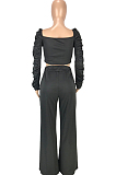Red Fashion Cotton Blend Low-Cut Long Sleeve Ruffle Dew Waist Blouse High Waist Shift Pants Two-Piece SM9199-1