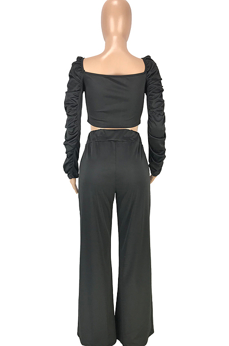 Red Fashion Cotton Blend Low-Cut Long Sleeve Ruffle Dew Waist Blouse High Waist Shift Pants Two-Piece SM9199-1