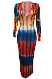 Multicolor Yellow Women Tie Dye Ribber Positioning Printing Bodycon Long Sleeve Sexy Long Dress Q922-5