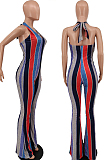 Red Night Club Stripe Printing Halter Neck V Collar Backless Slim Fitting Wide Leg Jumpsuits HXY8055-1