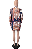 Blue New Women Printing Long Sleeve Lapel Collar Single-Breasted Irregularity Shirt Dress QY5081-1