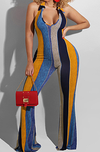 Orange Night Club Stripe Printing Halter Neck V Collar Backless Slim Fitting Wide Leg Jumpsuits HXY8055-4
