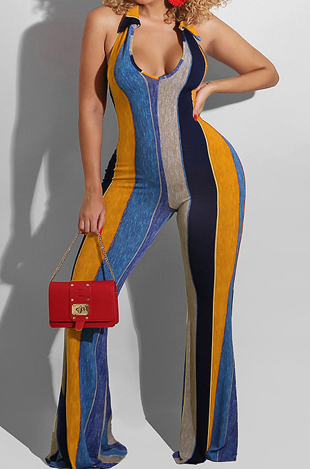 Orange Night Club Stripe Printing Halter Neck V Collar Backless Slim Fitting Wide Leg Jumpsuits HXY8055-4