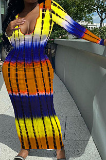 Multicolor Yellow Women Tie Dye Ribber Positioning Printing Bodycon Long Sleeve Sexy Long Dress Q922-5