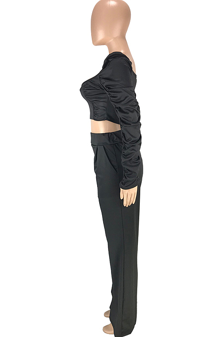 Red Fashion Cotton Blend Low-Cut Long Sleeve Ruffle Dew Waist Blouse High Waist Shift Pants Two-Piece SM9199-1