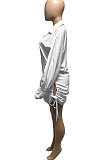 White Women Hollow Out Tied Loose Pure Color Turn-Down Collar Mini Dress T Shirt/Shirt Dress Q933-1