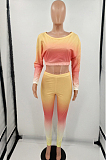 Yellow Red Cotton Blend Gradient Long Sleeve Obique Shoulder Dew Belly High Waist Tight Pants Sport Sets HXY8032-1