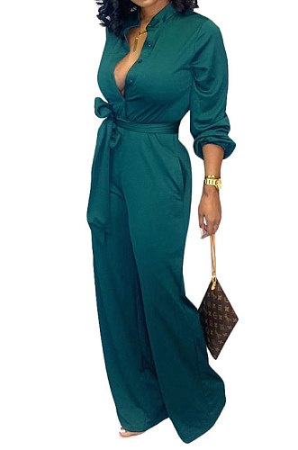 Black Euramerican Women Sexy Pure Color Long Sleeve Tied Casual jumpsuits LD8602-3