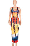 Multicolor Orange Women Sexy Tank U Neck Tie Dye Printing Skirts Sets Q923-1