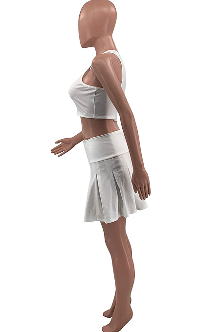 Black New Causal Sleeveless Round Neck Crop Tank Pleated Skirts Solid Colur Two-Piece HMR6038-2