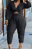 Red Casual Women Long Sleeve Deep V Collar Crop Top High Waist Carrot Pants Solid Color Two-Piece HXY68016-1