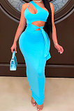 Black Euramerican Women Condole Blet Dew Waist Backless Bandage Pure Color Long Dress CY1324-2