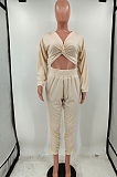 Black Casual Women Long Sleeve Deep V Collar Crop Top High Waist Carrot Pants Solid Color Two-Piece HXY68016-3