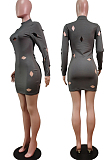 Gray Cotton Blend Sexy Hollow Out Long Sleeve O Collar Bodycon Solid Color Hip Mini Dress WY6834-1