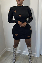 Black Cotton Blend Sexy Hollow Out Long Sleeve O Collar Bodycon Solid Color Hip Mini Dress WY6834-2