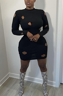 Black Cotton Blend Sexy Hollow Out Long Sleeve O Collar Bodycon Solid Color Hip Mini Dress WY6834-2