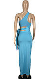Blue Euramerican Women Condole Blet Dew Waist Backless Bandage Pure Color Long Dress CY1324-4