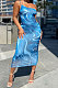 Peacock Blue Fashion Printing One Shoulder Backless Midi Dress WME2067