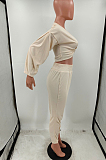 Red Casual Women Long Sleeve Deep V Collar Crop Top High Waist Carrot Pants Solid Color Two-Piece HXY68016-1