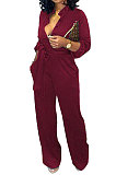 Blue Euramerican Women Sexy Pure Color Long Sleeve Tied Casual jumpsuits LD8602-4
