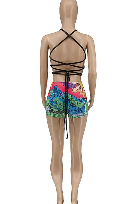 Multicolor Women Trendy Printing Condole Belt Tied Backless Shorts Sets WME2062