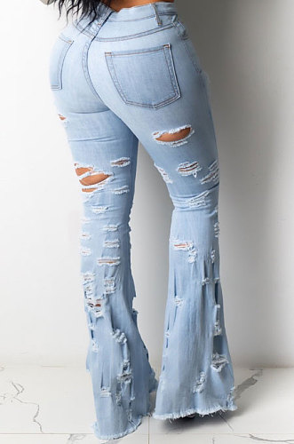Light Blue Euramerican Women Hole Tassel Mid Waist Tight Flare Leg Pants LD8689