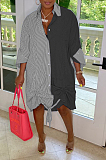 Blue Casual Women Stripe Spliced Long Sleeve Lapel Neck Single-Breasted Loose Shirt Dress WY6839-2