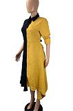 Pink Fashion Casual Contrast Color Long Sleeve Turn-Down Collar Irregular Mid Dress T Shirt/Shirt Dress ML7455-3