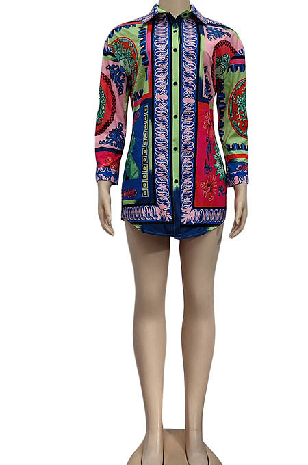 Green Pink Women Fashion Printing Casual Bodycon Long Sleeve  Shirts YZ1794